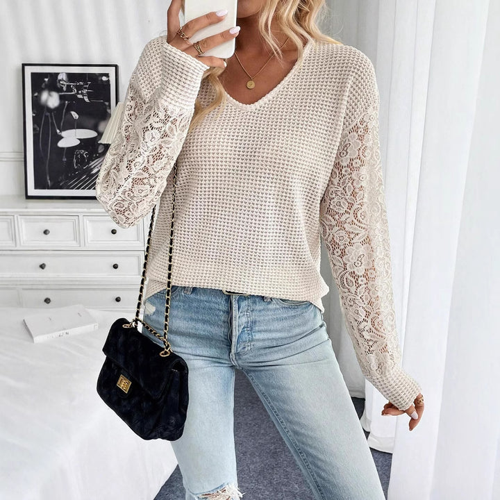 Women's slightly tailored waffle knit sweater with floral lace inserts on the sleeves Mune Fashion