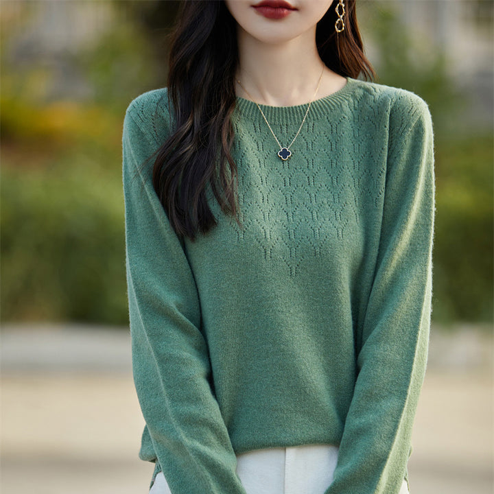 Women's Soft Round Neck Sweater in Cashmere Look with Fine Openwork Pattern and Snug Fit Mune Fashion