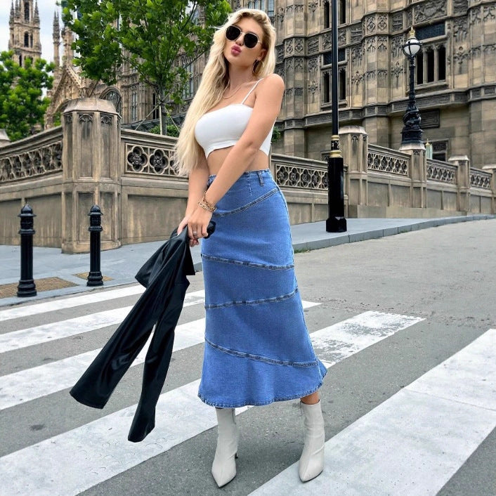 Women's waist-accentuating denim midi skirt with wave-shaped decorative seams and flared hem Mune Fashion