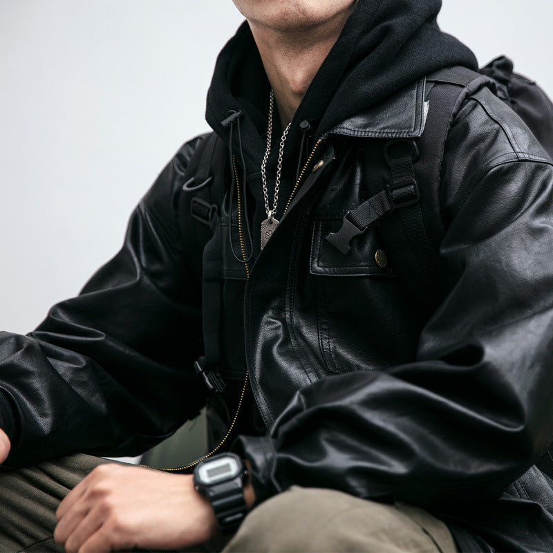 Men's Oversized Leather Look Utility Jacket with Flap Pockets and Elastic Hem Mune Fashion