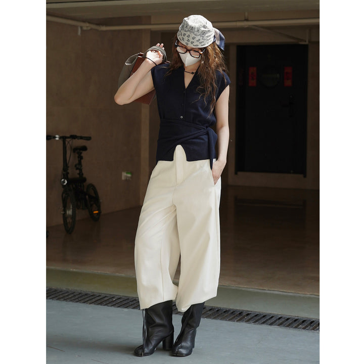 Women's Sleeveless Fine Knit Vest with V-Neck, Button Placket and Tie Waist Mune Fashion