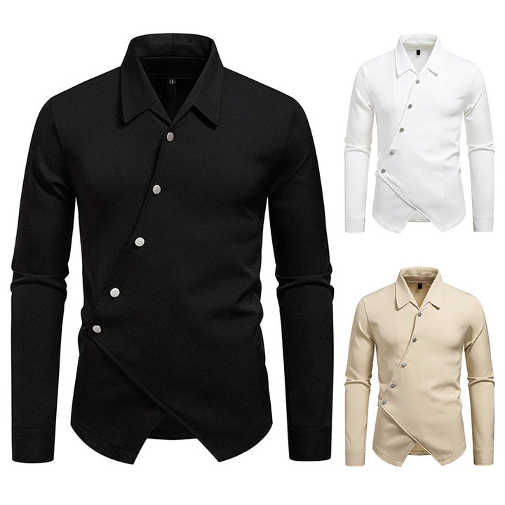 Men's Asymmetrical Shirt with Diagonal Button Placket and Shirt Collar Mune Fashion