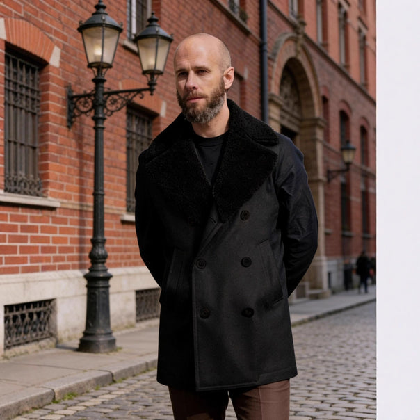 Men's double-breasted short coat made of wool blend with large teddy collar Mune Fashion