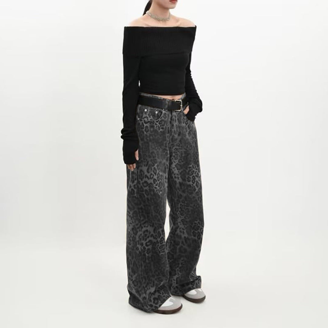 Women's wide High-Waist palazzo pants in leopard print with five-pocket cut and relaxed leg Mune Fashion