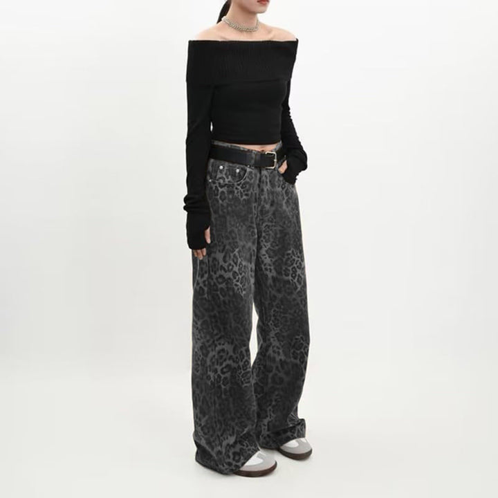 Women's wide High-Waist palazzo pants in leopard print with five-pocket cut and relaxed leg Mune Fashion