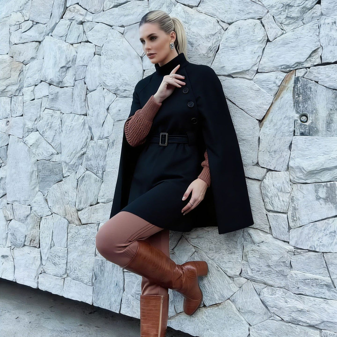 Women's Cape Coat with Waist Belt, Asymmetric Button Placket and Stand Collar Mune Fashion