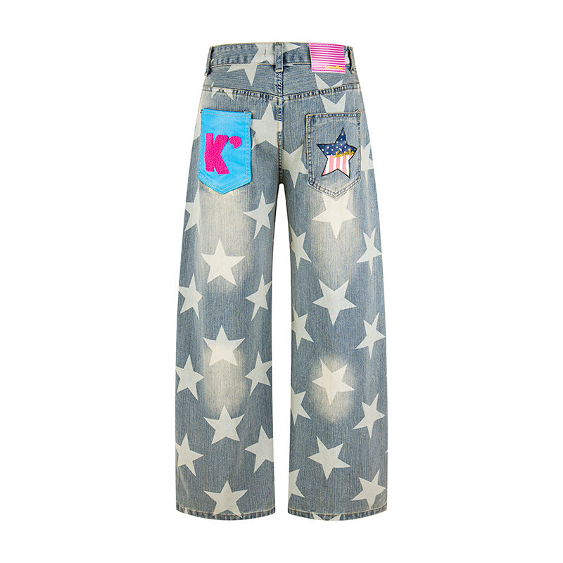 Women's Wide High-Waist Culotte Jeans with High Waist and Allover Star Print Mune Fashion