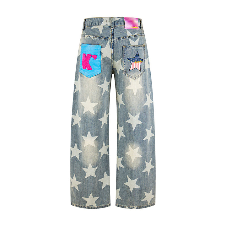 Women's Wide High-Waist Culotte Jeans with High Waist and Allover Star Print Mune Fashion