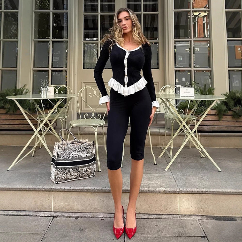 Ladies Ribbed Cardigan with Flounce Hem, Decorative Buttons and Ruffled Cuffs Mune Fashion
