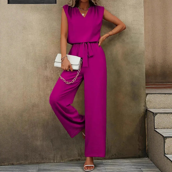 Women Elegant Jumpsuit with V-Neck and Waist Knot Mune Fashion