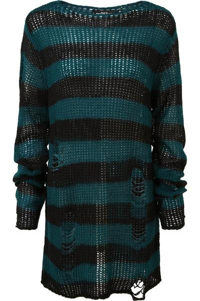 Women's oversized chunky knit sweater with wide block stripes and distressed design Mune Fashion