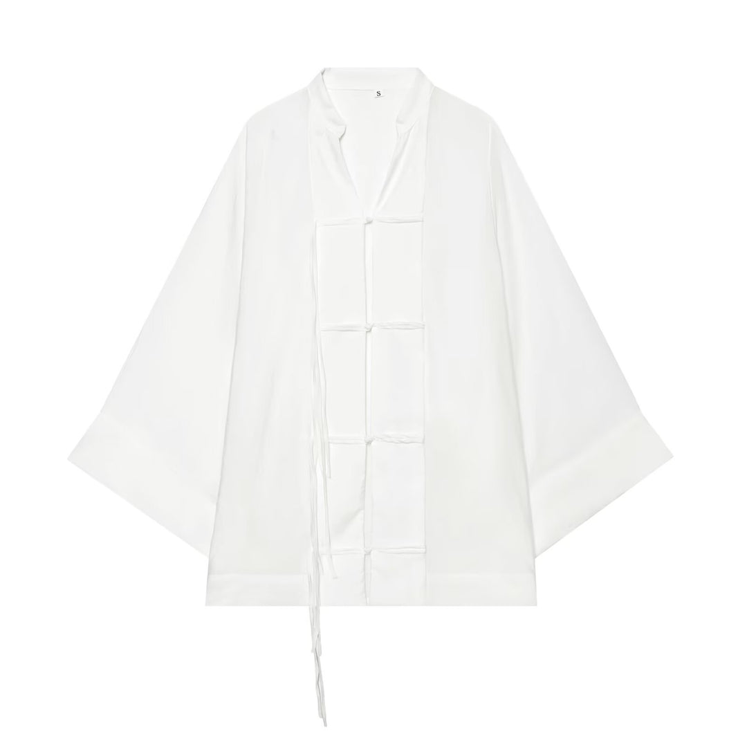 Women Oversize Kimono Jacket with Decorative Knot and Long Fringed Ribbons Mune Fashion
