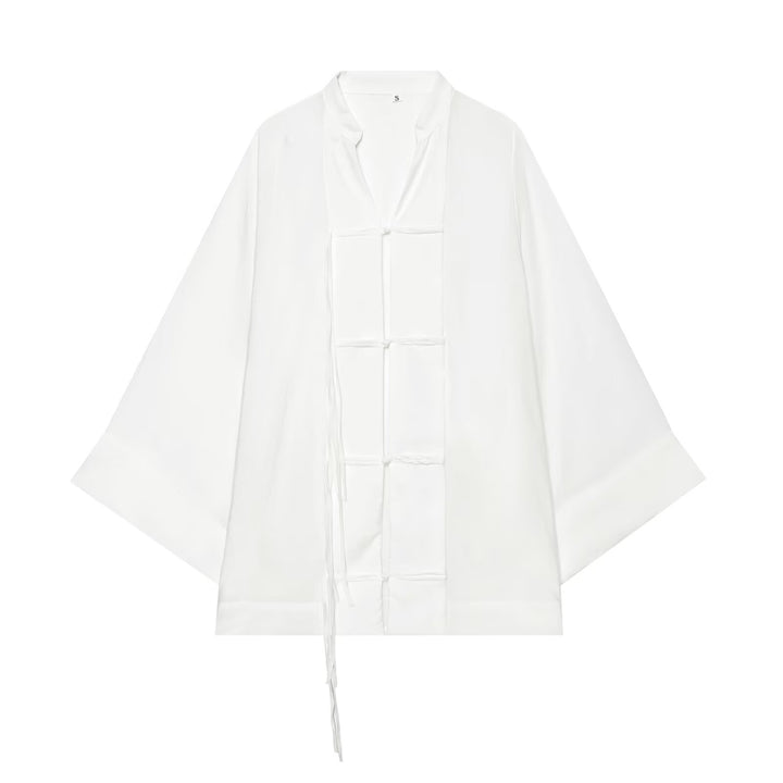 Women Oversize Kimono Jacket with Decorative Knot and Long Fringed Ribbons Mune Fashion