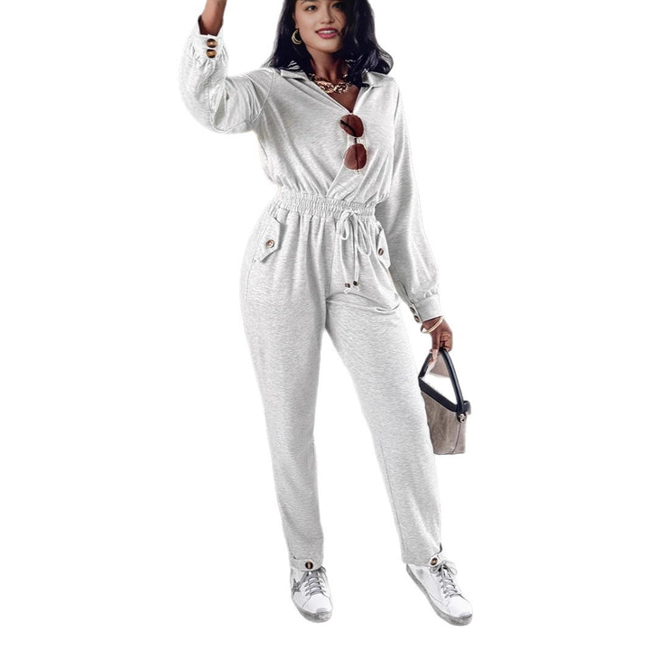 Women's Casual Jersey Jumpsuit with Wrap Collar, Drawstring Waist, and Patch Button Pockets Drune
