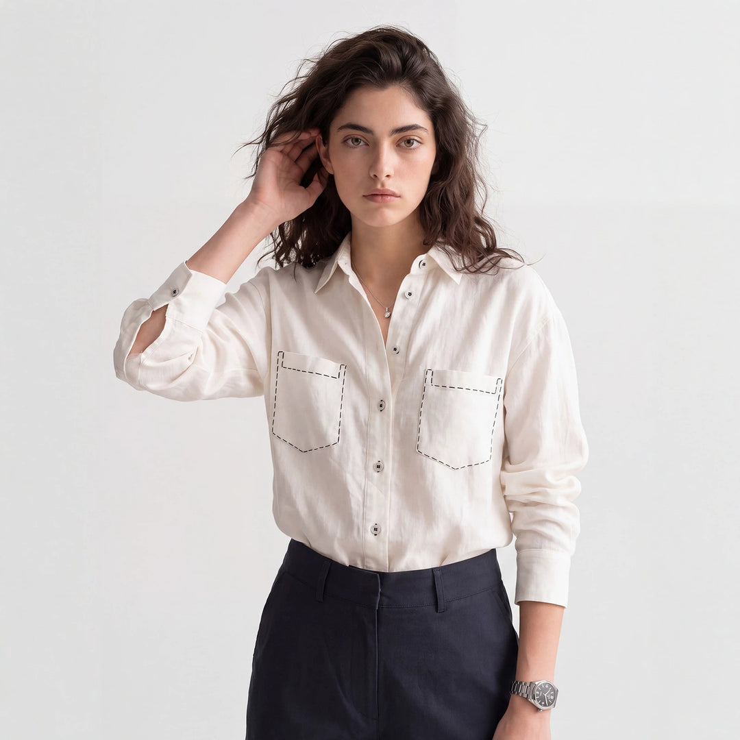 Damen Modische Langarmbluse mit Brusttaschen Mune Fashion