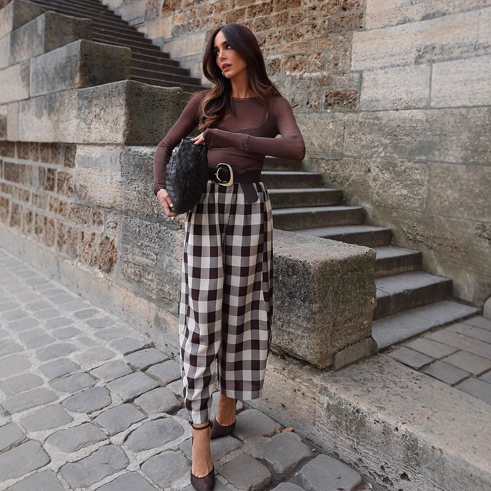 Women's Checked High-Waisted Palazzo Pants with Wide Leg & Pleats Mune Fashion