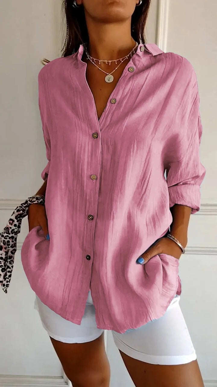Women's Loose Crinkle Shirt with Pockets and Rolled-Up Sleeves Mune Fashion