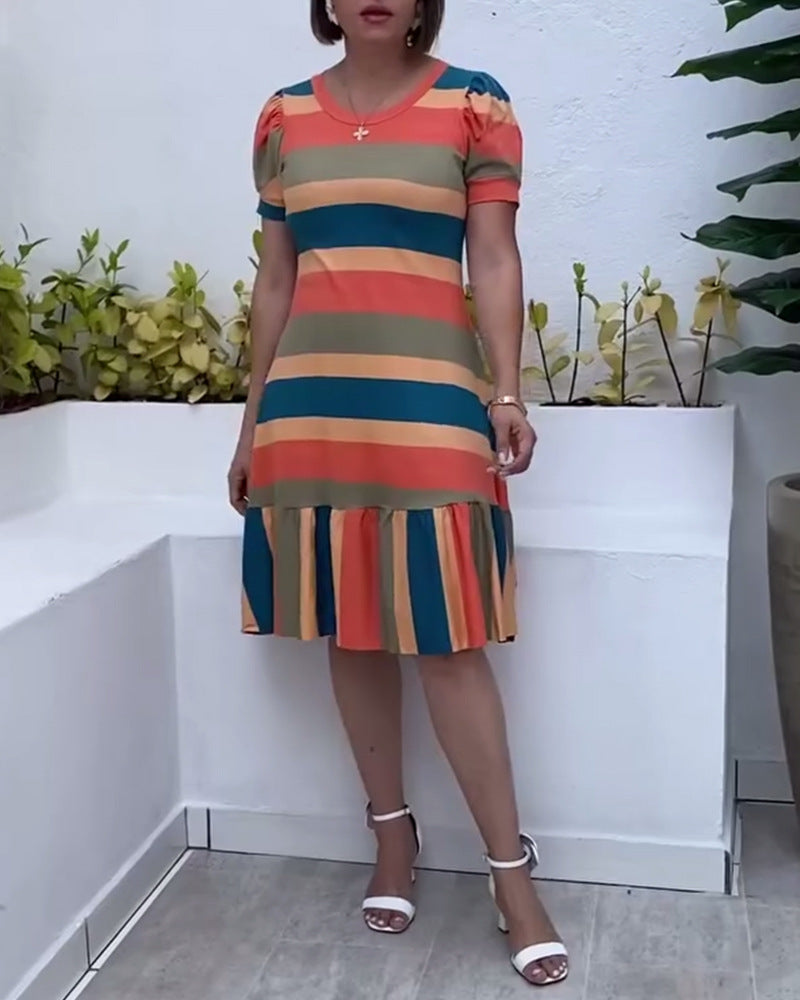 Women's striped jersey dress A-line cut with short puff sleeves and ruffle hem Mune Fashion