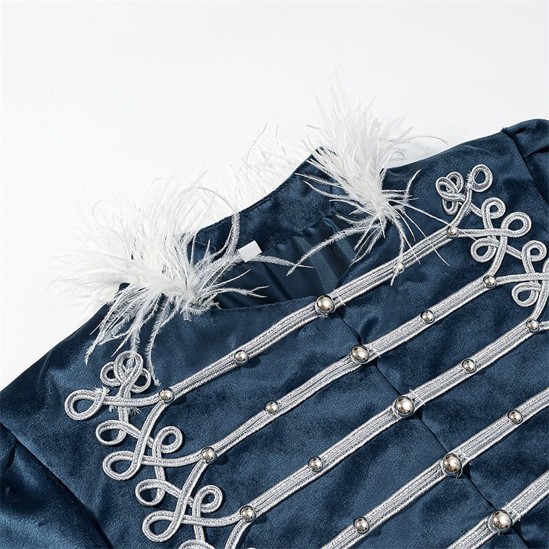 Women's Military Inspired Velvet Jacket with Decorative Cords, Feather Trim and Decorative Buttons Mune Fashion