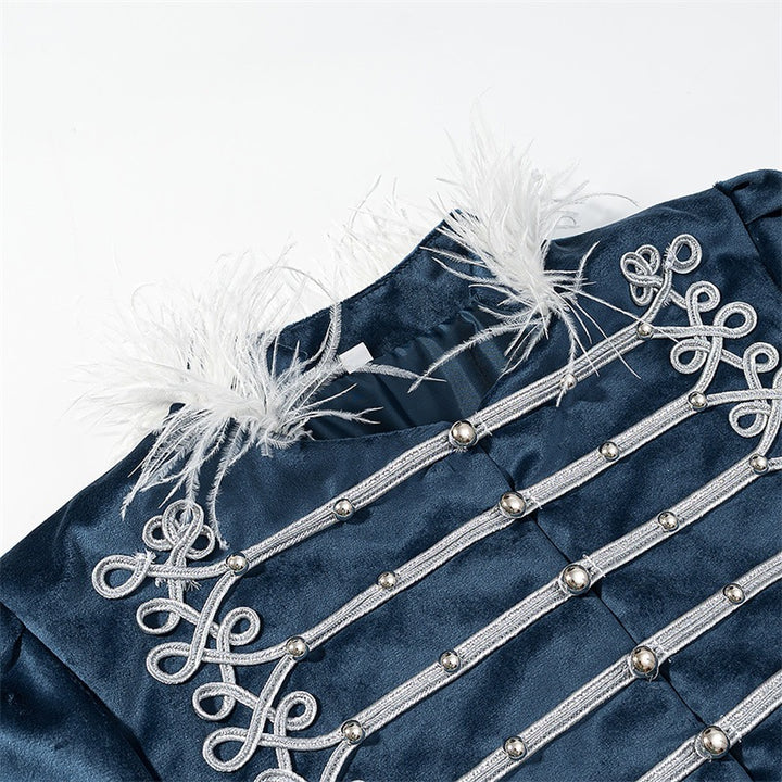 Women's Military Inspired Velvet Jacket with Decorative Cords, Feather Trim and Decorative Buttons Mune Fashion