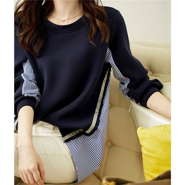 Ladies' layered look sweatshirt with striped shirt hem, decorative strips, and extended back Mune Fashion