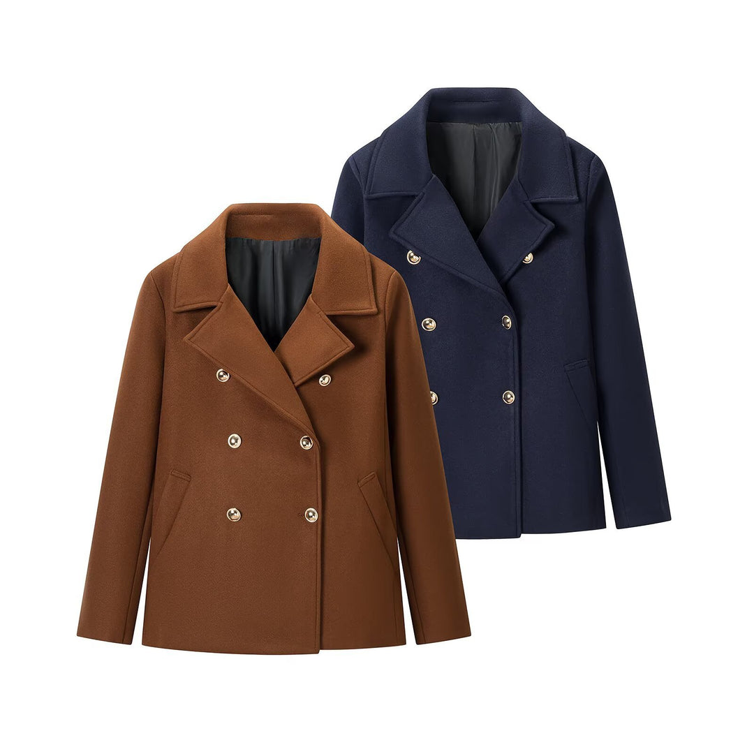 Women's Wool Blend Double-Breasted Short Coat with Decorative Buttons Mune Fashion