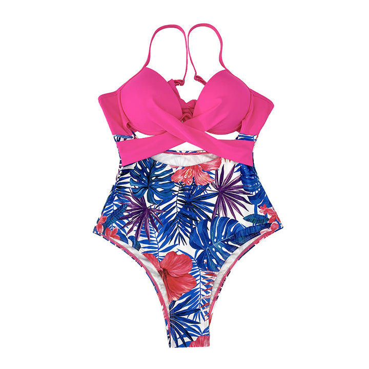 Ladies High-Waist Swimsuit with Seductive Cut and Tropical Floral Pattern Mune Fashion