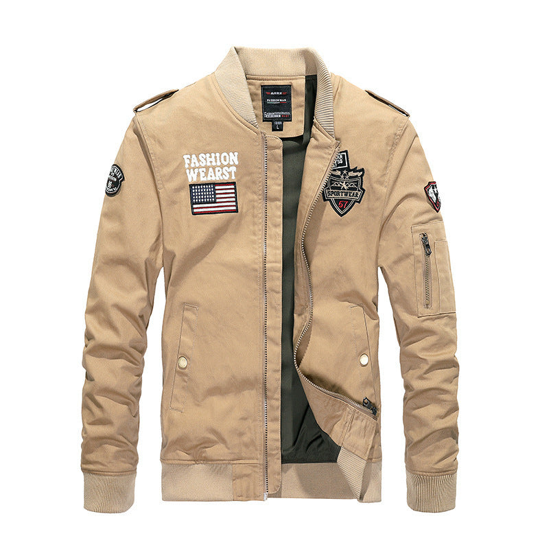 Men's Vintage Canvas Bomber Jacket with Patch Applications and Arm Pocket Mune Fashion