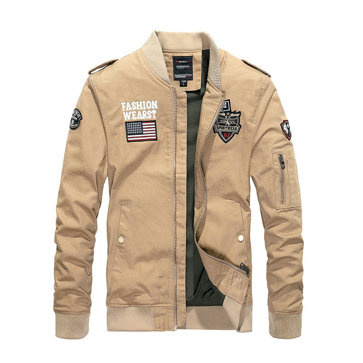 Men's Vintage Canvas Bomber Jacket with Patch Applications and Arm Pocket Mune Fashion
