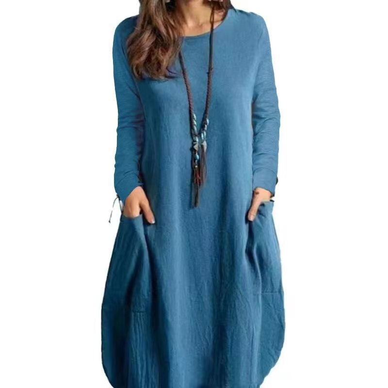 Women's Long A-Line Linen Look Dress with Pockets and Round Neckline Drune