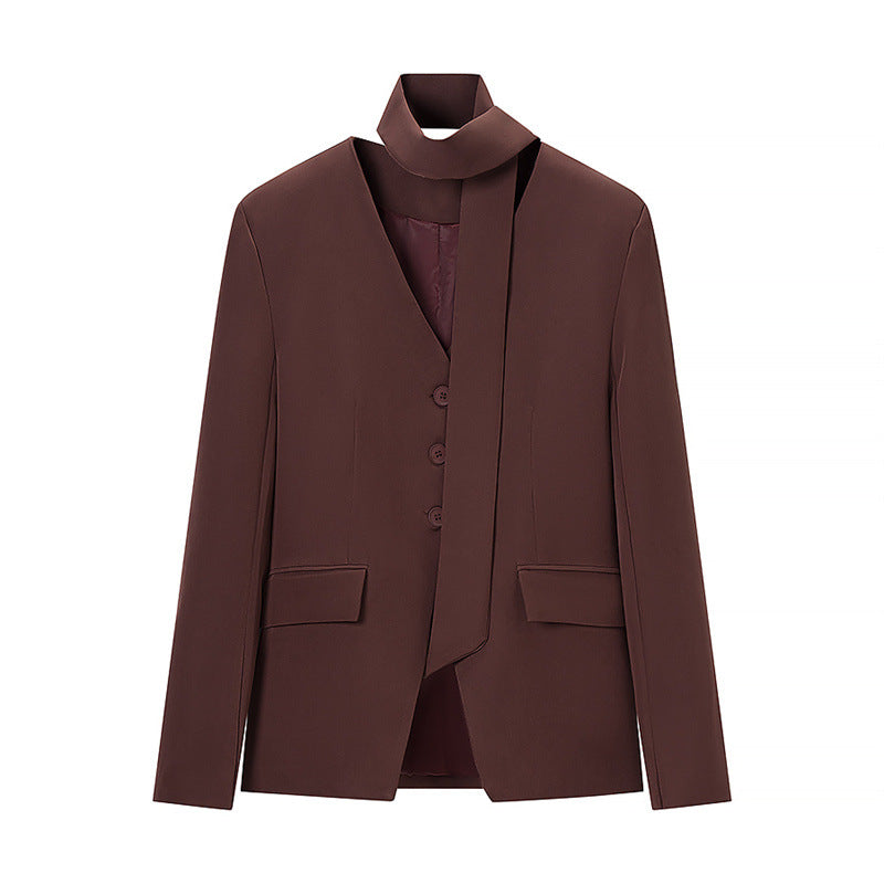 Women's Tailored Blazer with Bow, V-Neck and Flap Pockets Mune Fashion