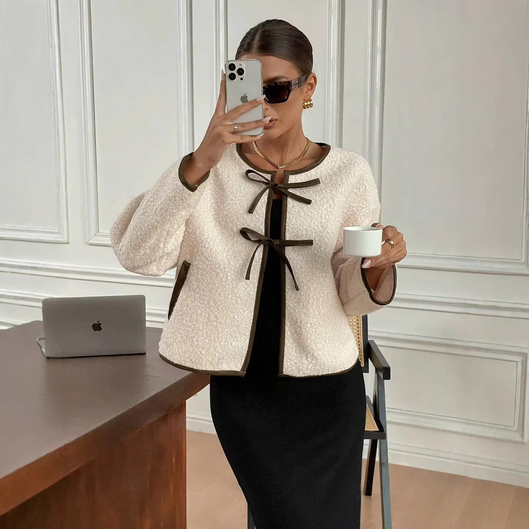 Ladies short cut teddy jacket with tie bands and contrast piping Mune Fashion