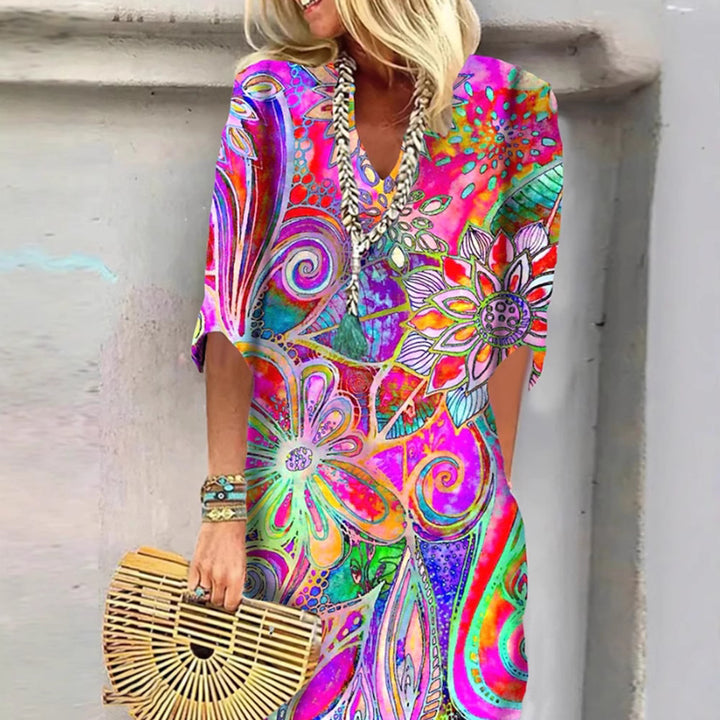 Women's airy Boho caftank dress with V-neck, loose fit and short batwing sleeves Mune Fashion