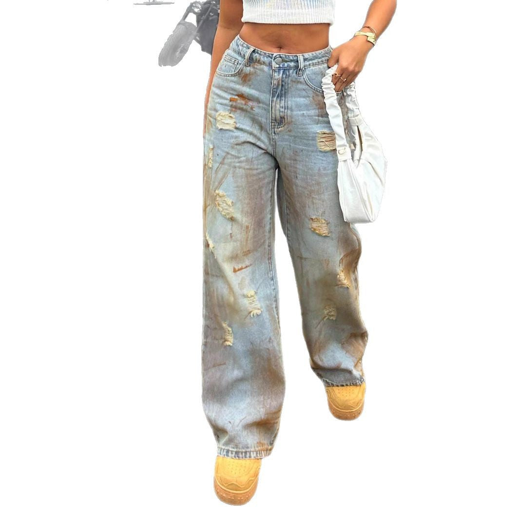 Women's high-cut wide-cut destroyed jeans with rust effect and casual fit Mune Fashion