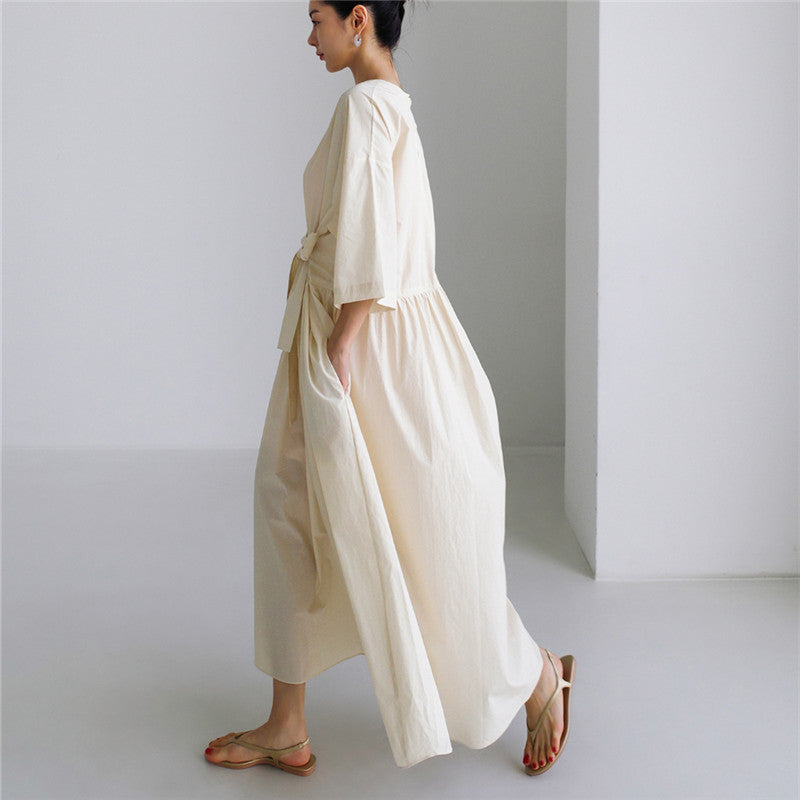 Women's Long Cotton Maxi Dress with Wrap Belt and Side Pockets Mune Fashion