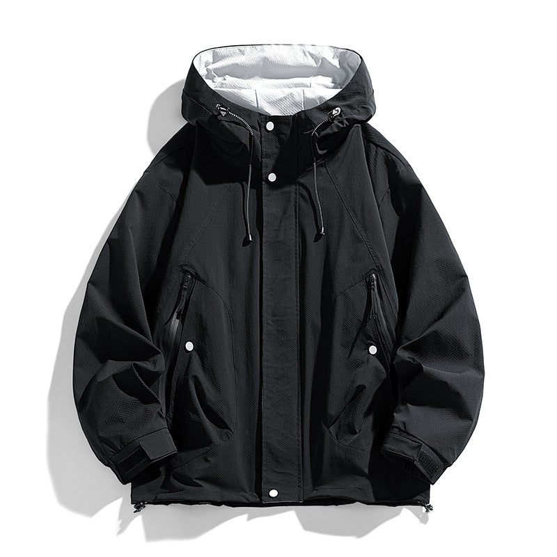 Unisex lightweight windproof outdoor jacket with hood, water-repellent outer shell and adjustable hem Mune Fashion