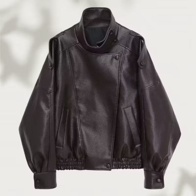 Women Oversized Faux Leather Biker Jacket with Asymmetric Lapel, Stand Collar, and Waist Drawstring Mune Fashion