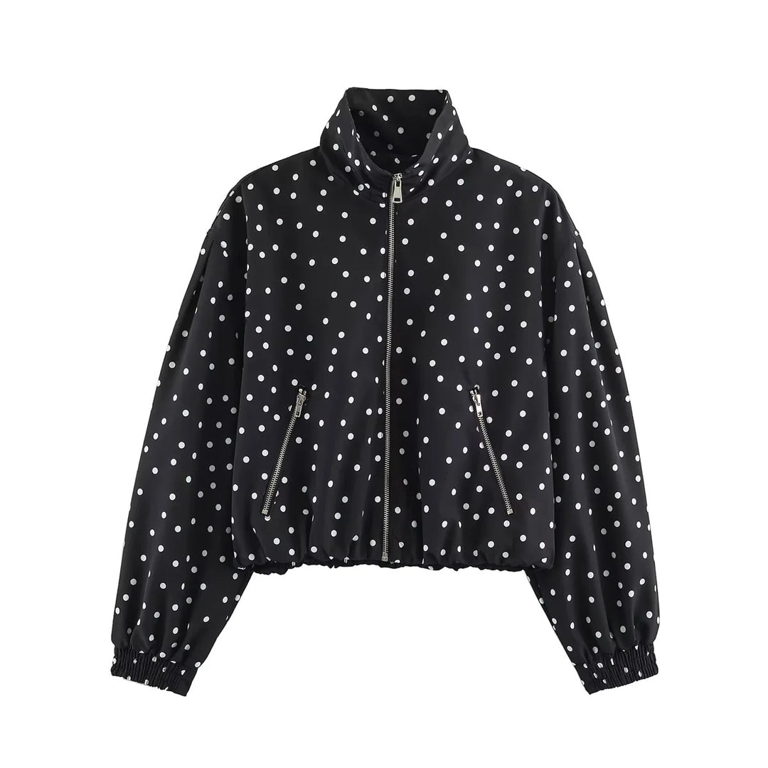 Women's dotted, waist-length bomber jacket with stand-up collar, zippered pockets, and elastic hem Mune Fashion