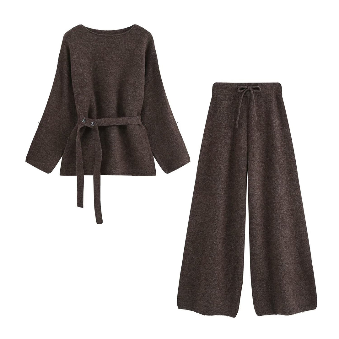 Women's Two-Piece Knit Lounge Set with Waist Belt and Wide Palazzo Pants Mune Fashion