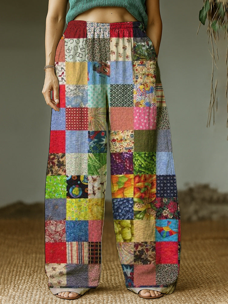 Women's Wide Leisure Pants with Ethnic Patchwork Pattern Mune Fashion