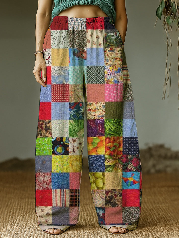 Women's Wide Leisure Pants with Ethnic Patchwork Pattern Mune Fashion