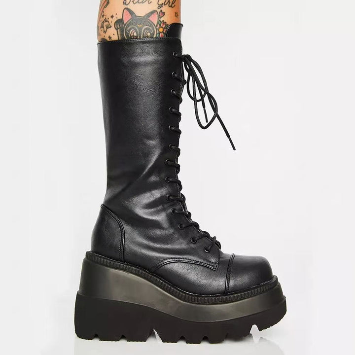 Mune | Women's High-Quality Lace-Up Boots with Platform Heel and Side Zipper