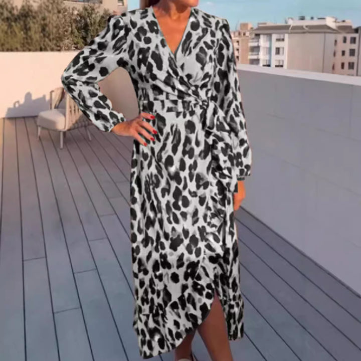 Women’s wrap midi dress with waist tie, V-neck, balloon sleeves and asymmetrical hem Mune Fashion