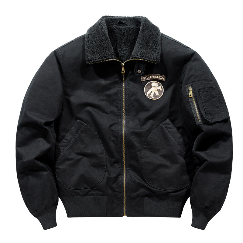Men's  shearling-collar aviator bomber jacket with utility sleeve pocket Mune Fashion