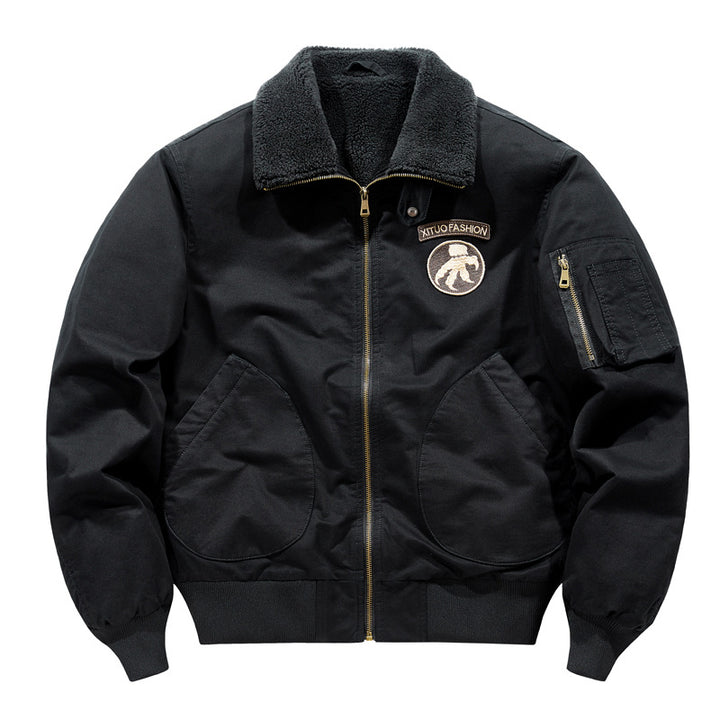 Men's  shearling-collar aviator bomber jacket with utility sleeve pocket Mune Fashion