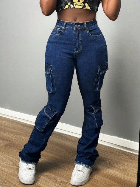 Ladies High-Waisted Cargo Jeans with Multiple Flap Pockets & Flared Hem Mune Fashion