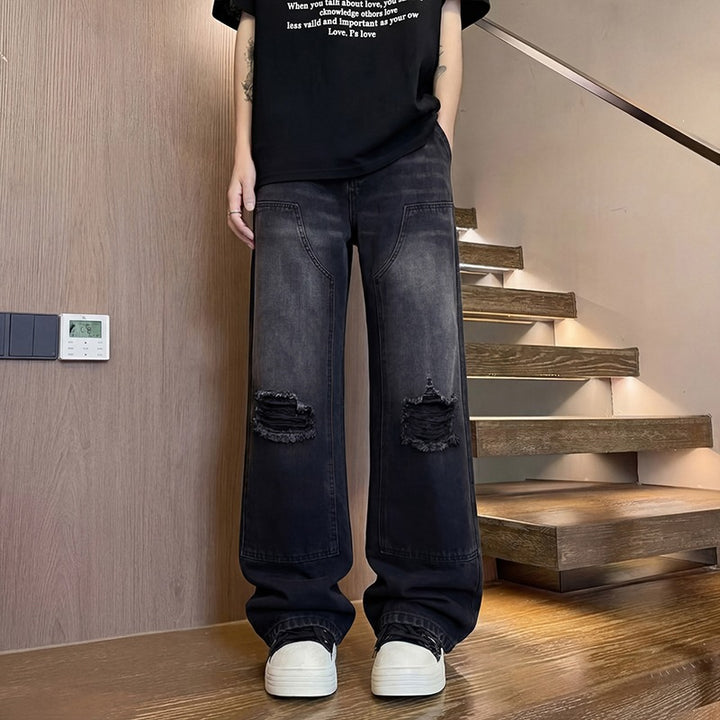 Men's Wide Baggy Jeans with Used Wash, Knee Rips & Utility Seams Mune Fashion
