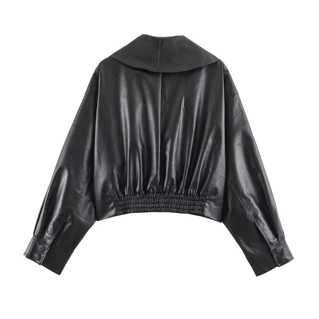 Women's Short Faux Leather Blouson with Oversized Shawl Collar and Waist Belt Drune