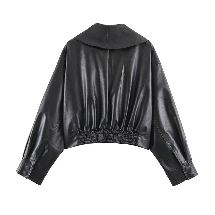 Women's Short Faux Leather Blouson with Oversized Shawl Collar and Waist Belt Drune