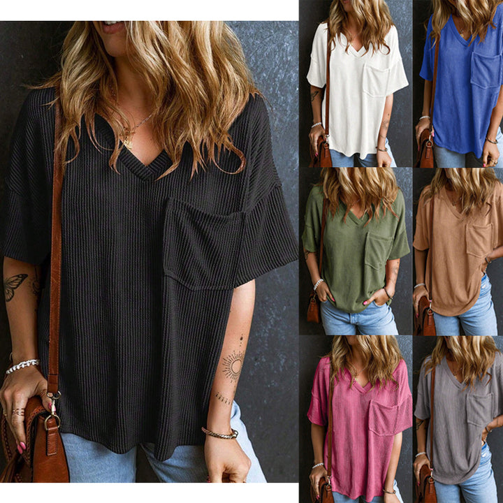 Women's Casual Ribbed Oversized T-Shirt with V-Neck and Breast Pocket Mune Fashion